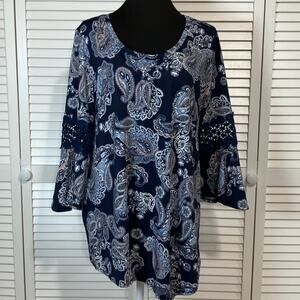 ND New Directions Navy Boho Paisley Crochet Lace Bell Sleeve Tunic Blouse L